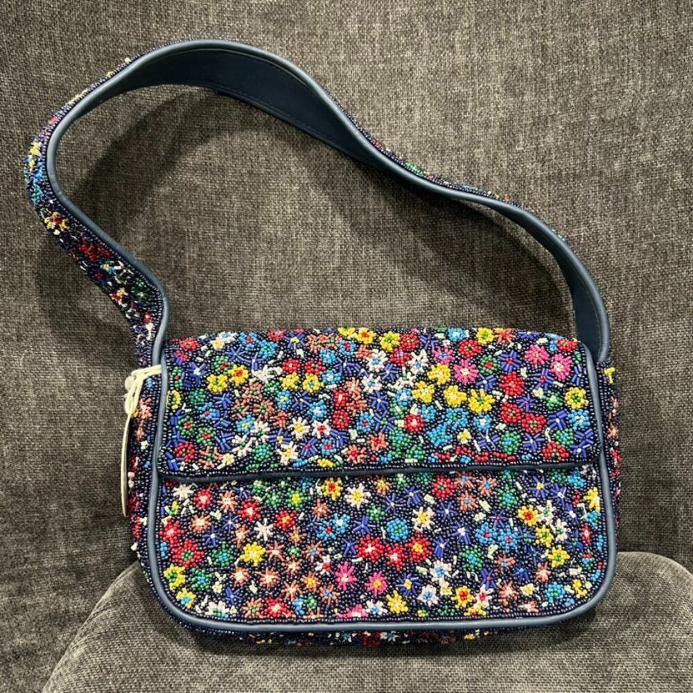 STAUD Tommy Beaded Floral Shoulder Bag Black Flower Market